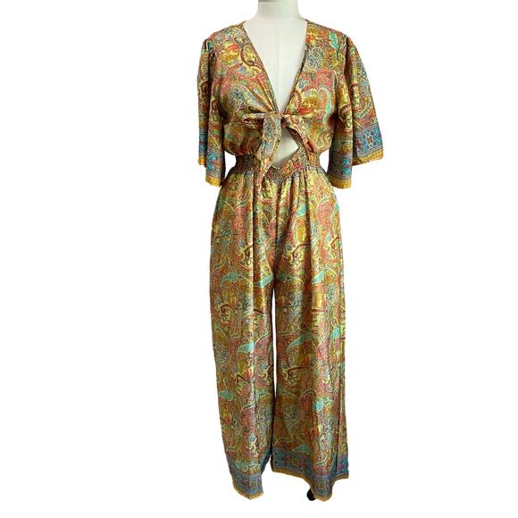 Zury Bohemian Silk Blend Bell Sleeve And Wide Leg Front Tie Jumpsuit Size M - Picture 1 of 11